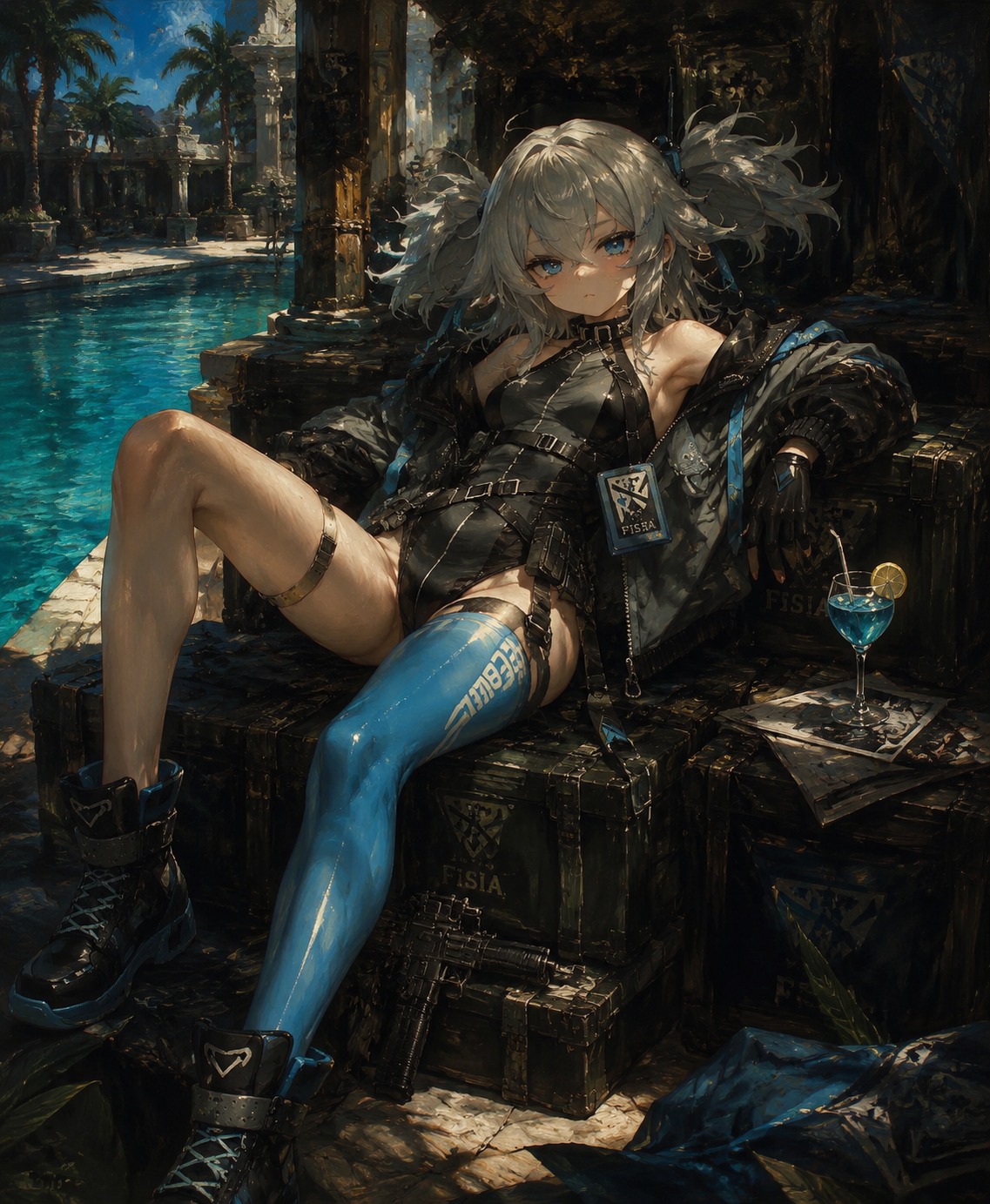 Lounging across a pile of tactical crates At a sunny poolside with turquoise water (dark gothic oil painting, moody lighting)