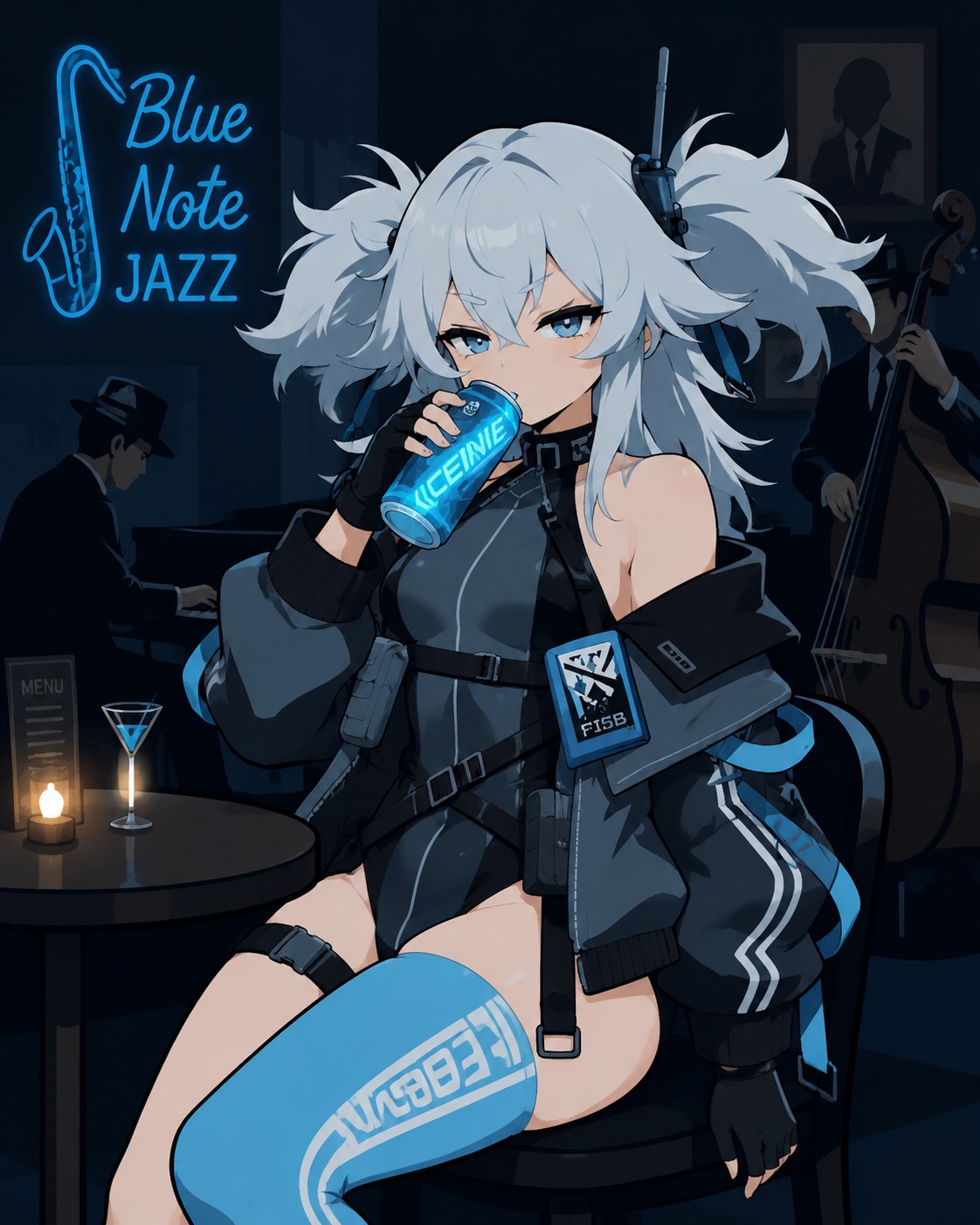 Sipping a neon blue energy drink At a dimly lit jazz bar (clean vector art, minimalist flat colors)
