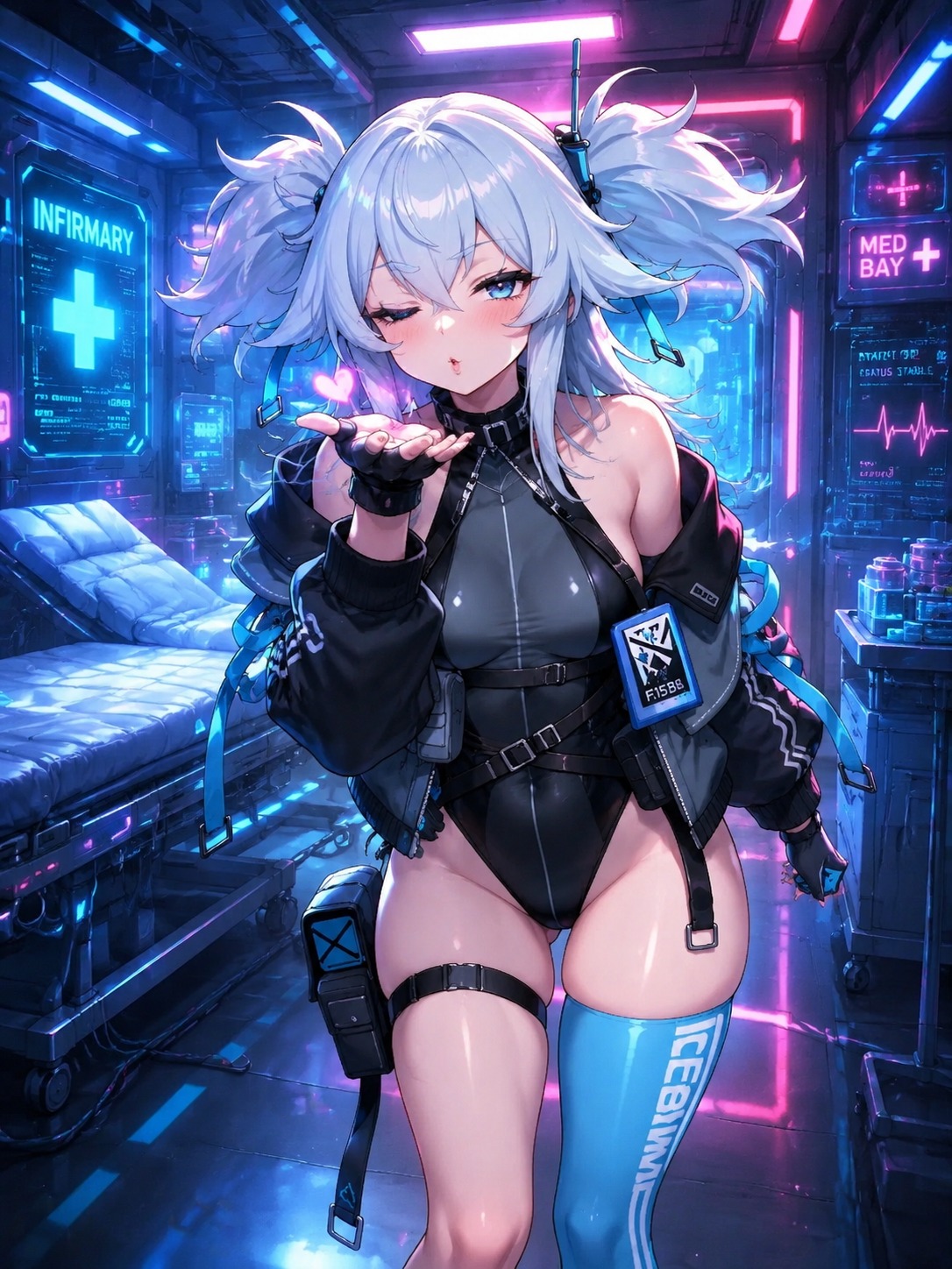Teasingly blowing a kiss In a sterile high-tech infirmary (vibrant cyberpunk aesthetic, neon glow)
