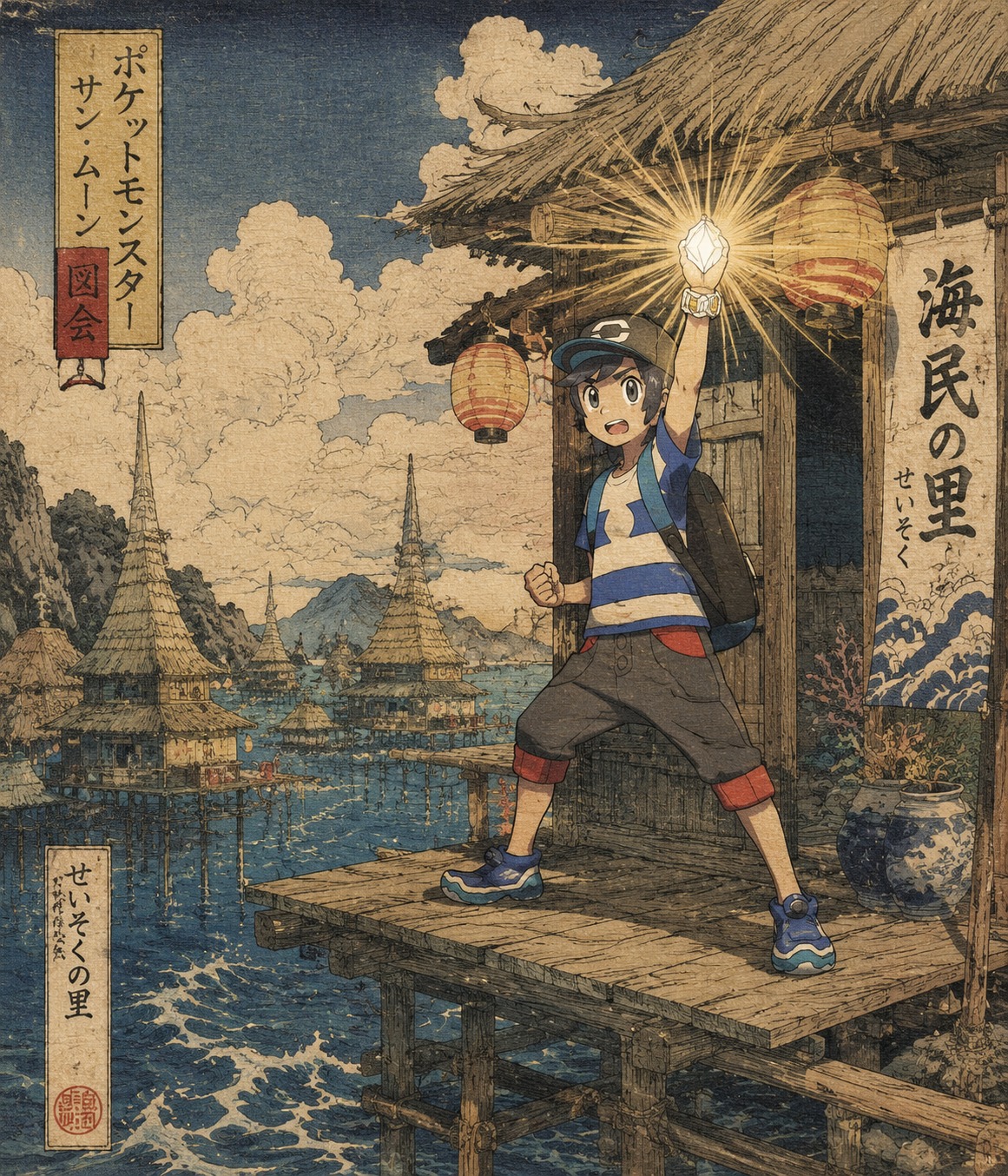 Activating a glowing z-crystal with a pose On a floating wooden house in Seafolk Village (traditional ukiyo-e woodblock print)