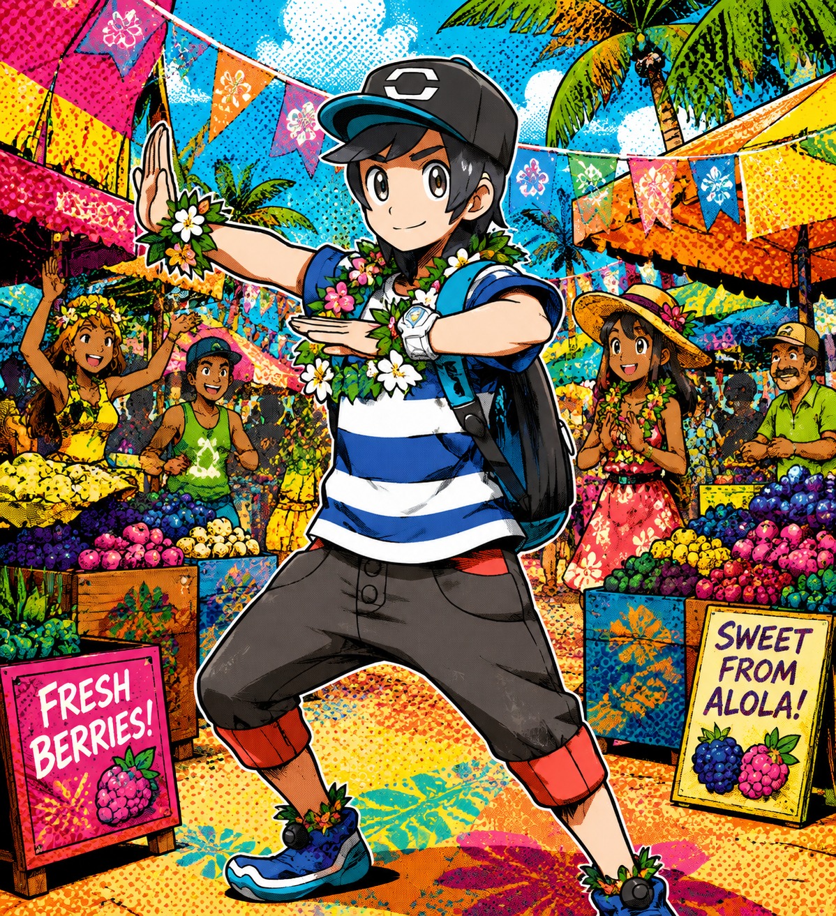 Performing a traditional alolan festival dance At a bustling outdoor berry market (bold pop art, halftone patterns and bright colors)