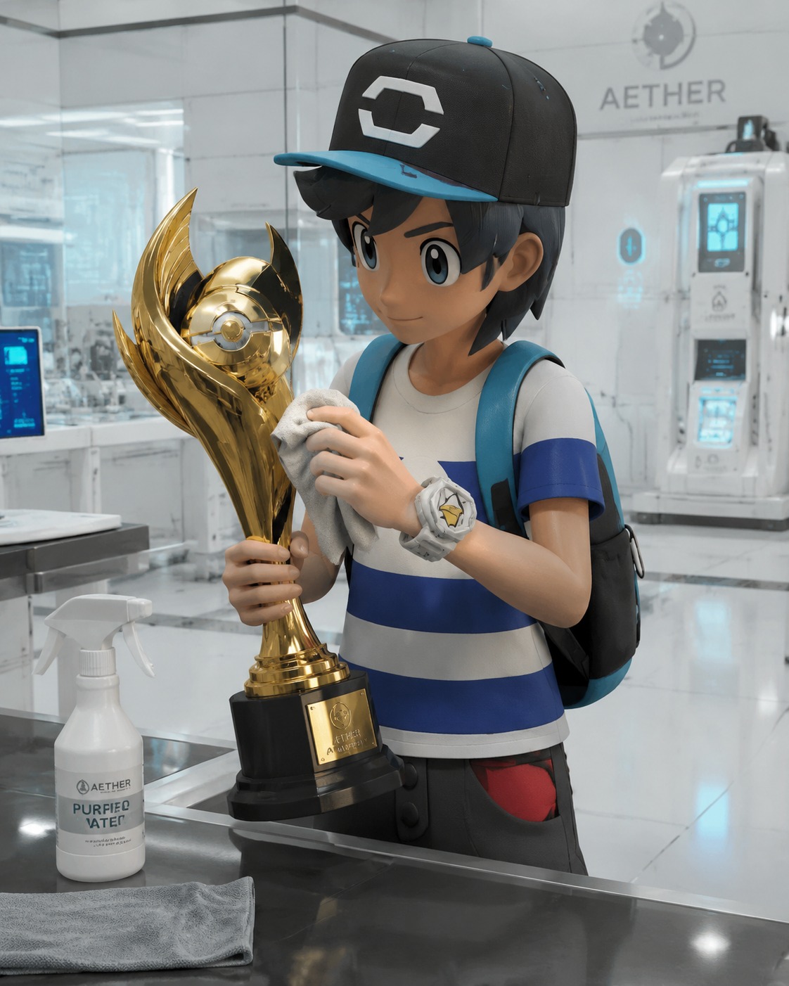 Polishing a trophy from the pokémon league In a sterile high-tech Aether Foundation laboratory (3D octane render, hyper-realistic textures)