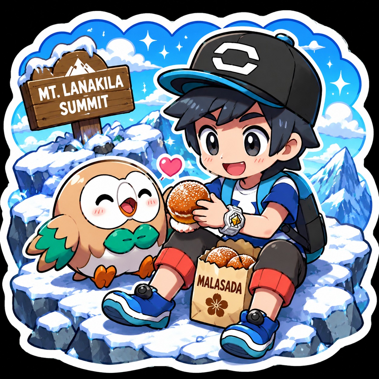 Sharing a sweet malasada with his rowlet At the frozen summit of Mount Lanakila (chunky chibi style, vibrant sticker art)