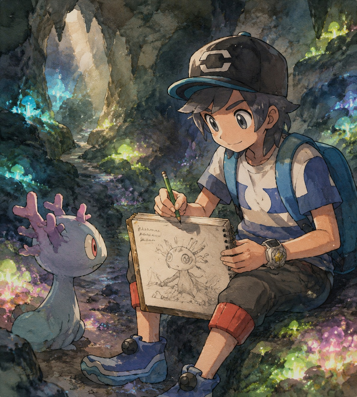 Sketching a strange new pokémon in his journal In a dark cavern illuminated by glowing moss (soft watercolor anime, pastel sunlight)