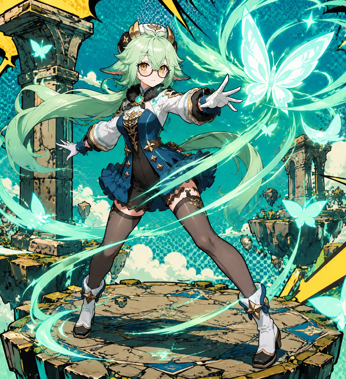 Casting a swirling anemo butterfly spell On a floating platform amidst ancient ruins (bold pop art, flat cel shading)