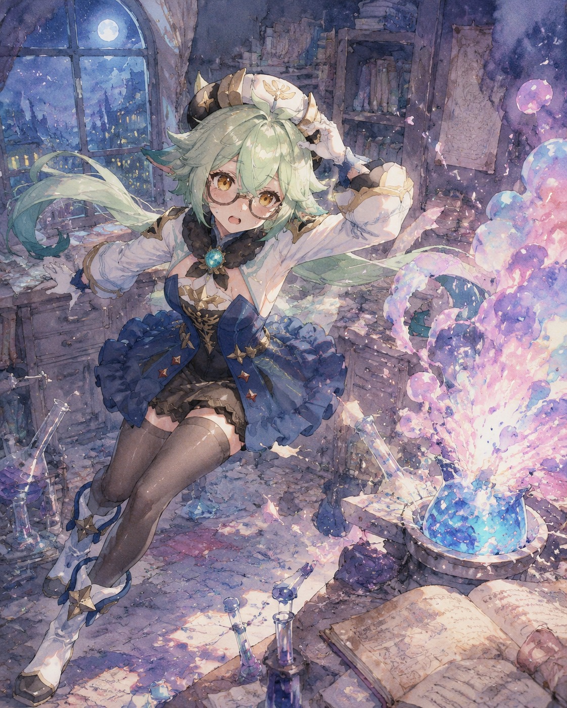 Dodging a bubbling chemical explosion In a cluttered alchemy laboratory at midnight (watercolor anime, soft pastel lighting)