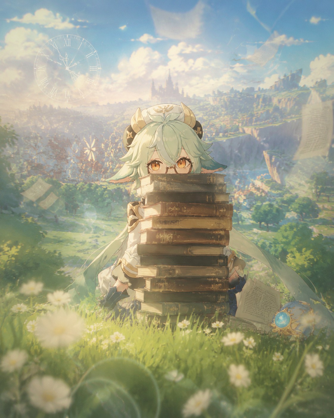 Hiding behind a thick stack of books On a breezy hill overlooking Windrise (ethereal dreamcore, hazy glow)