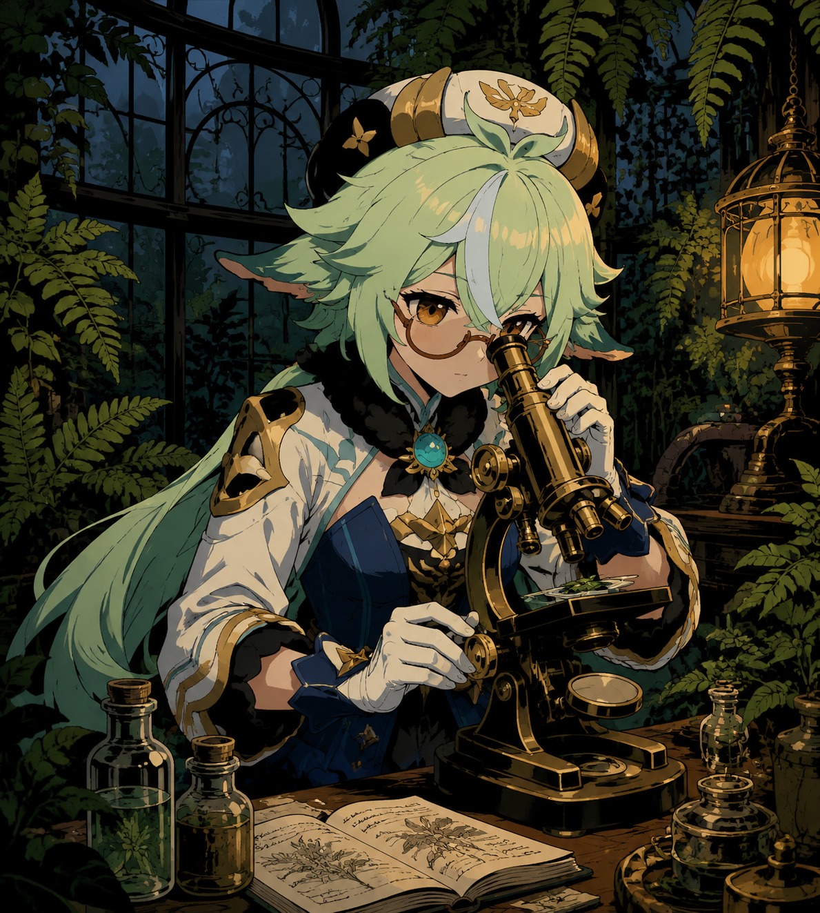 Peering through a brass microscope In a dim Victorian greenhouse filled with ferns (bold pop art, flat cel shading)