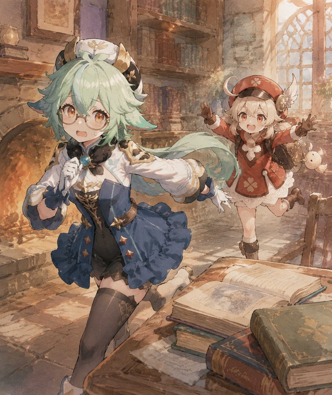 Running away from an overenthusiastic klee At a quiet library table beside a fireplace (watercolor anime, soft pastel lighting)