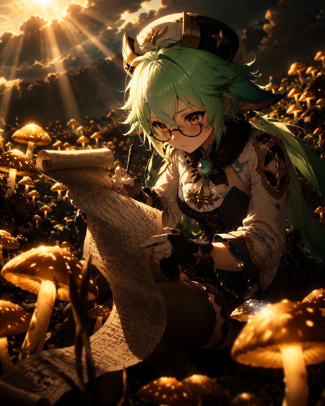 Scribbling frantic notes on a parchment scroll In a sun-drenched field of glowing mushrooms (cinematic noir, high contrast shadows)