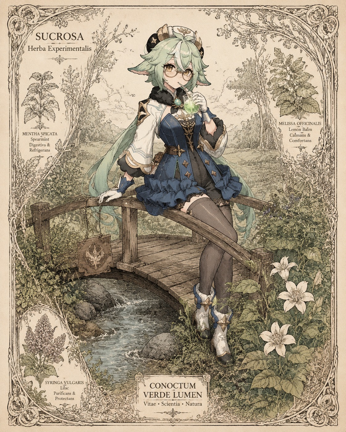 Sipping a glowing green concoction At a small wooden bridge over a stream (intricate line art, vintage botanical illustration)