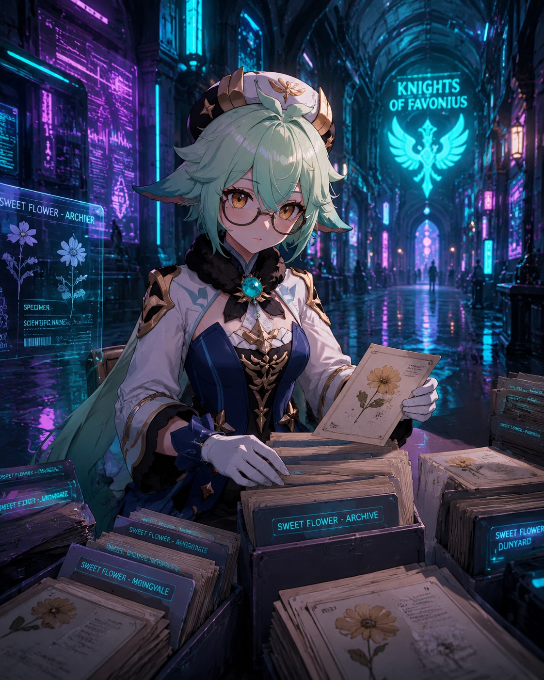 Sorting pressed sweet flowers into folders In the Knights of Favonius headquarters hallway (cyberpunk aesthetic, neon bioluminescence)