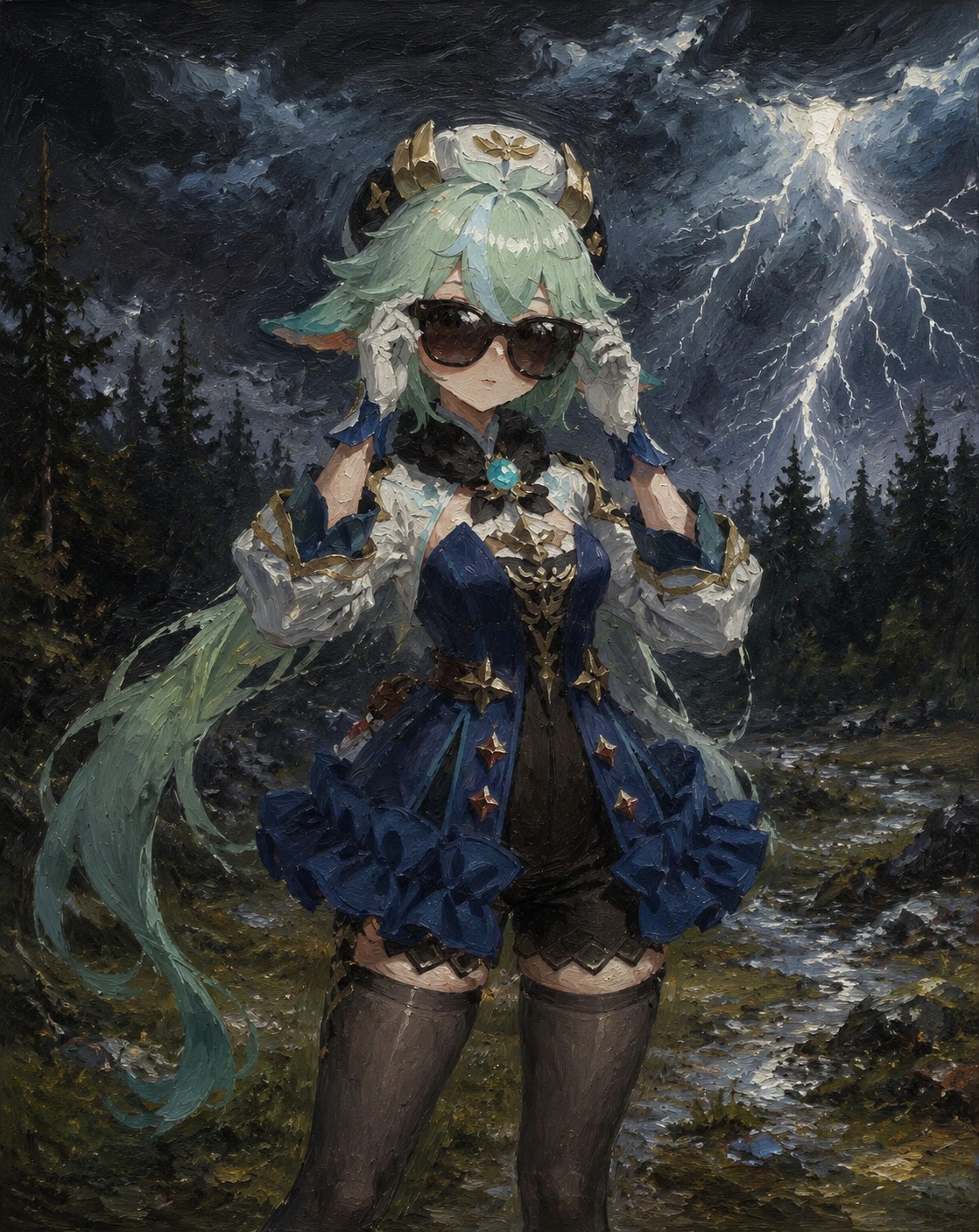 Trying on a pair of oversized sunglasses In a stormy forest clearing during a thunderstorm (traditional oil painting, heavy brushstrokes)
