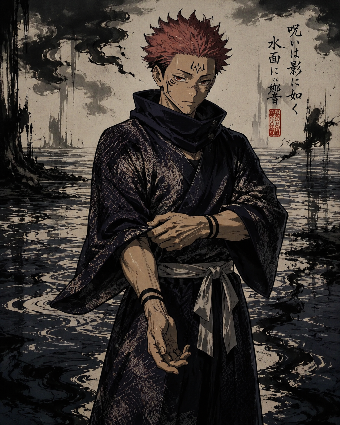 Adjusting the sleeves of his patterned kimono In a void of endless shallow water and shadows (dark ukiyo-e style with bold ink strokes)