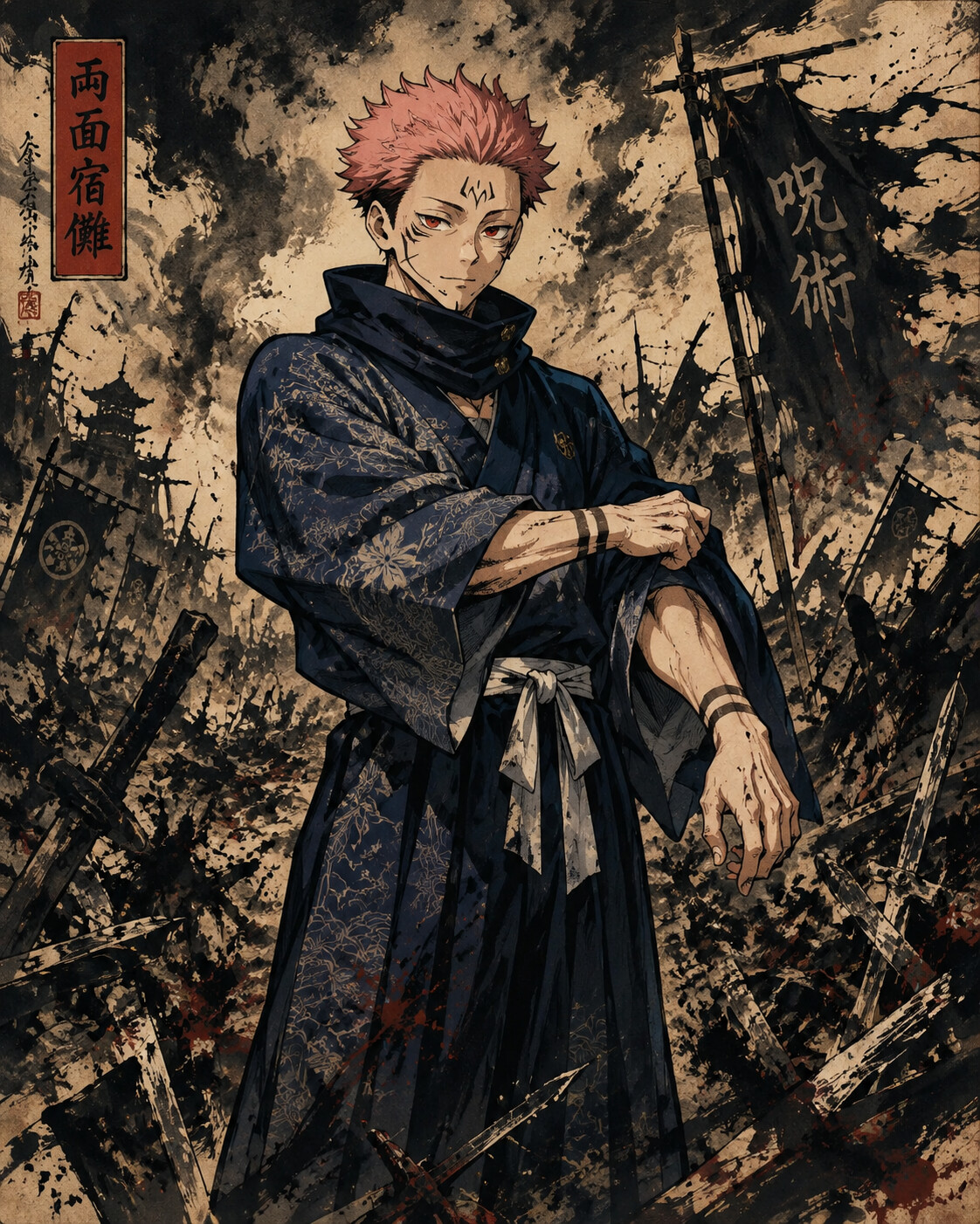 Adjusting the sleeves of his patterned kimono on a chaotic battlefield littered with broken weapons (dark ukiyo-e style with bold ink strokes)