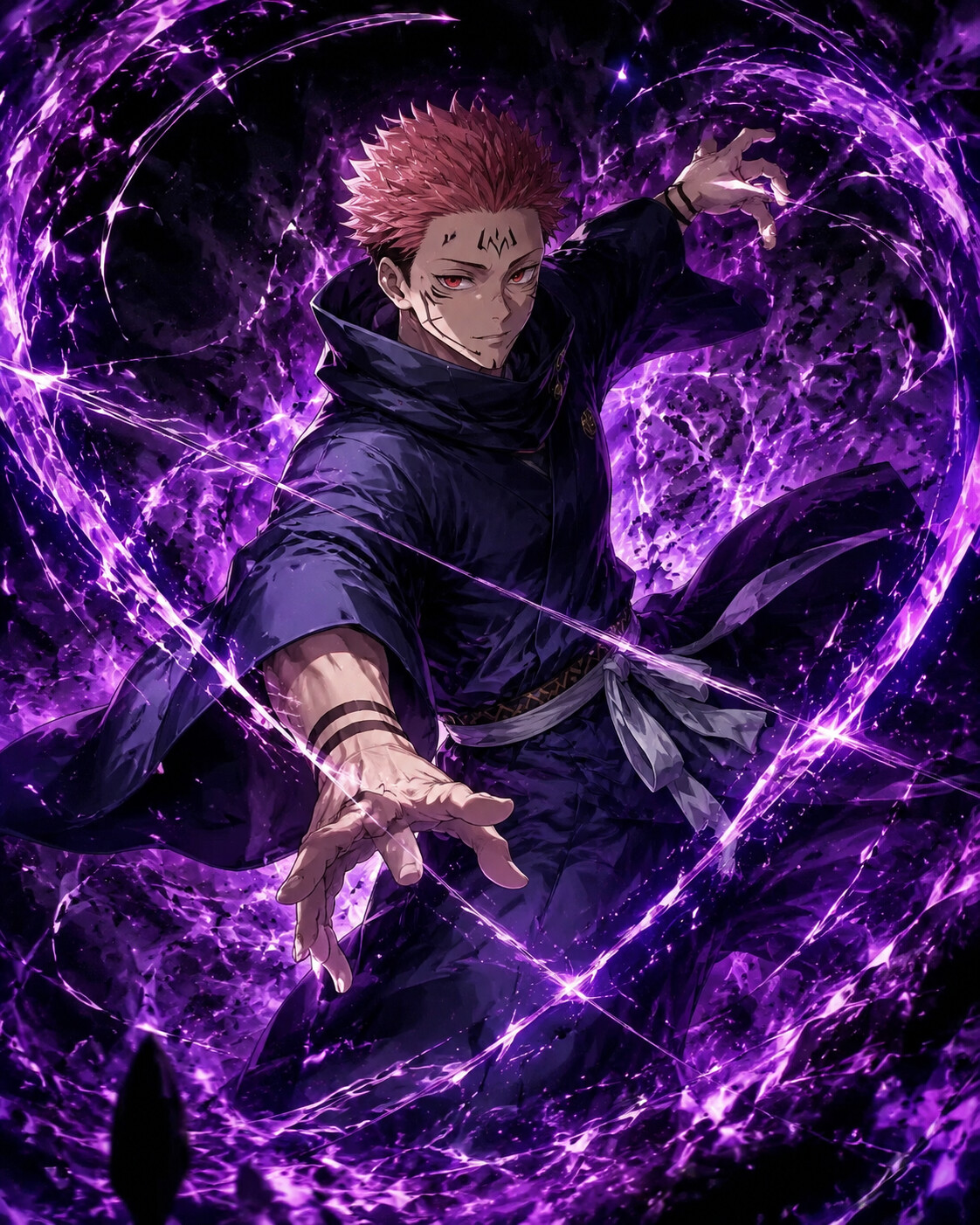 Carving invisible slashes into the air at the center of a swirling purple cursed domain (hyper-detailed digital art with high contrast)