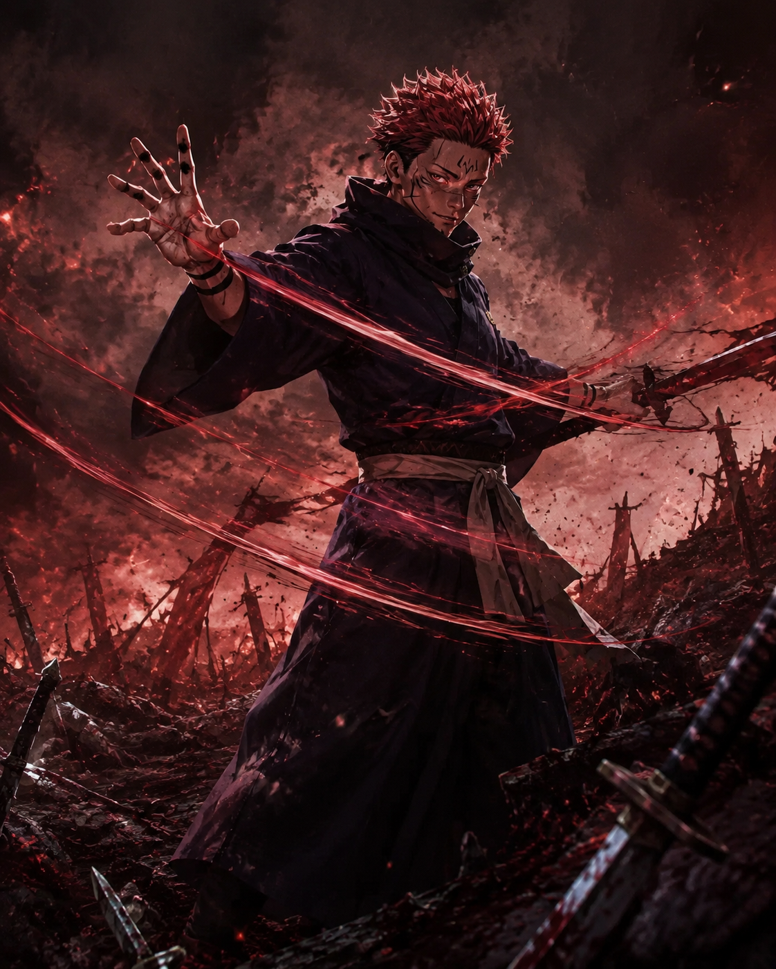 Carving invisible slashes into the air On a chaotic battlefield littered with broken weapons (gritty cinematic realism with harsh red lighting)