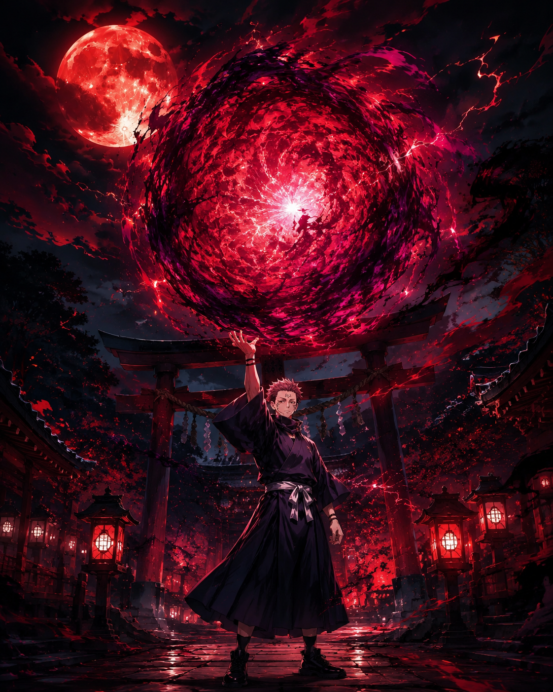 Conjuring a massive sphere of cursed energy At a traditional Shinto shrine under a blood moon (hyper-detailed digital art with high contrast)