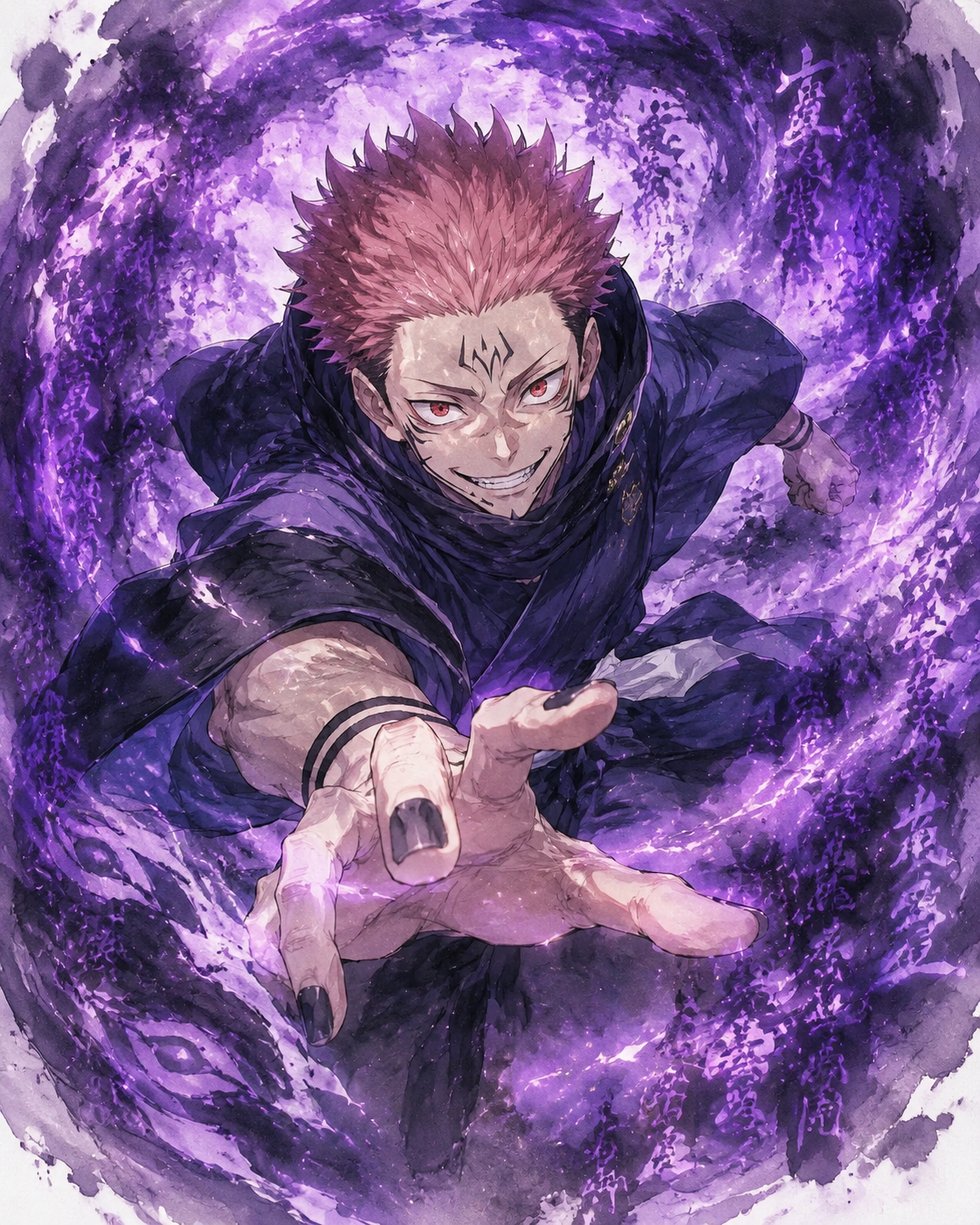 Lunging forward with a bloodthirsty grin At the center of a swirling purple cursed domain (soft watercolor anime with ethereal glowing accents)