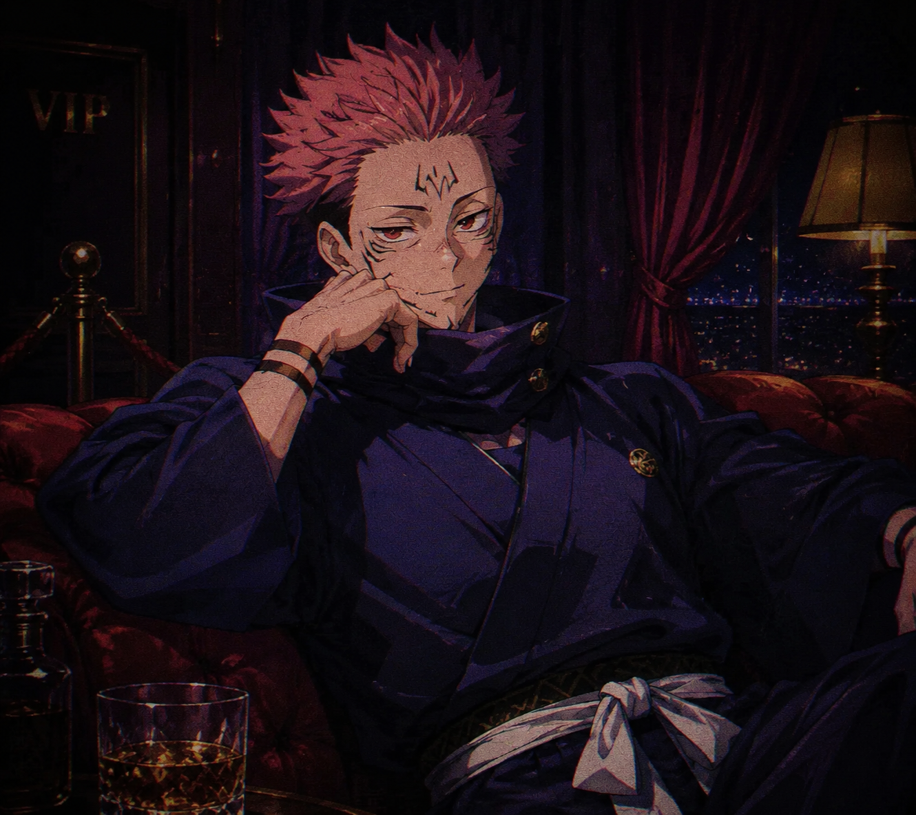Resting his chin on a hand while reclining In a dimly lit VIP lounge with velvet curtains (retro 90s anime aesthetic with grainy texture)