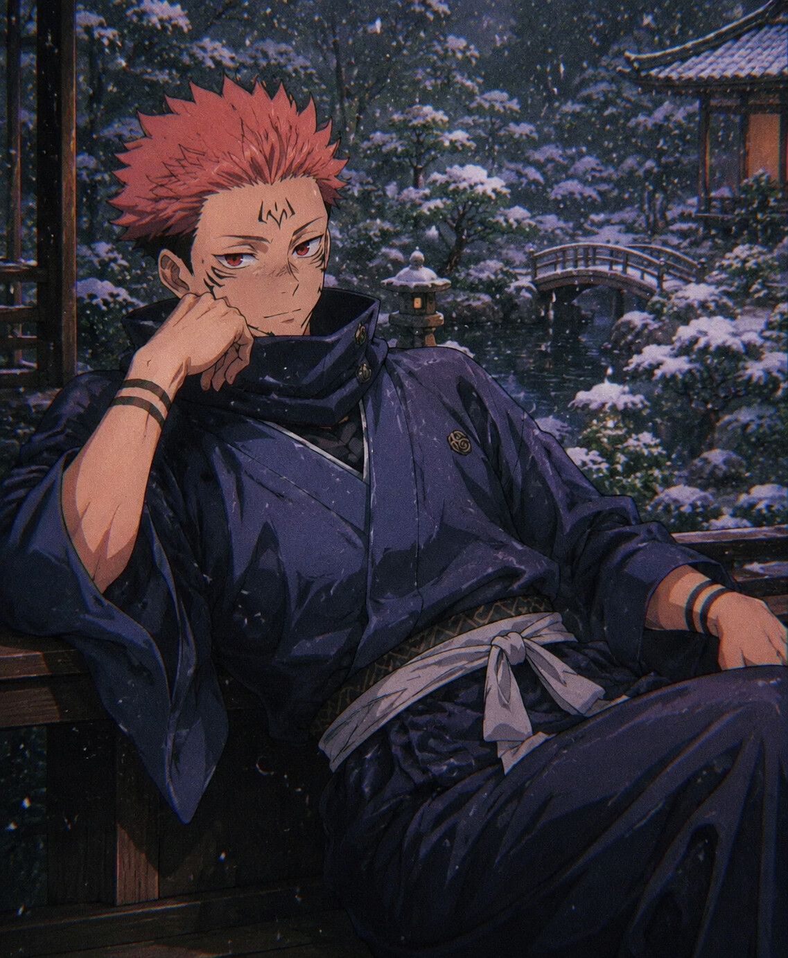Resting his chin on a hand while reclining in a lush zen garden during a quiet snowfall (retro 90s anime aesthetic with grainy texture)