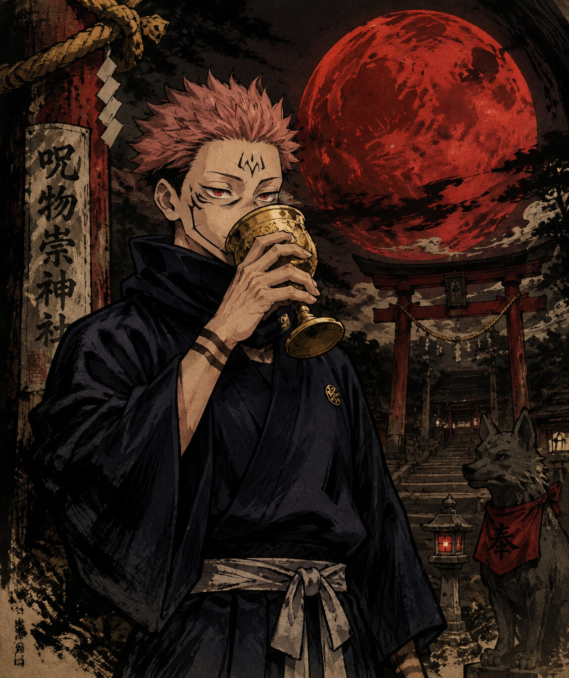 Sipping expensive wine from a golden goblet at a traditional Shinto shrine under a blood moon (dark ukiyo-e style with bold ink strokes)