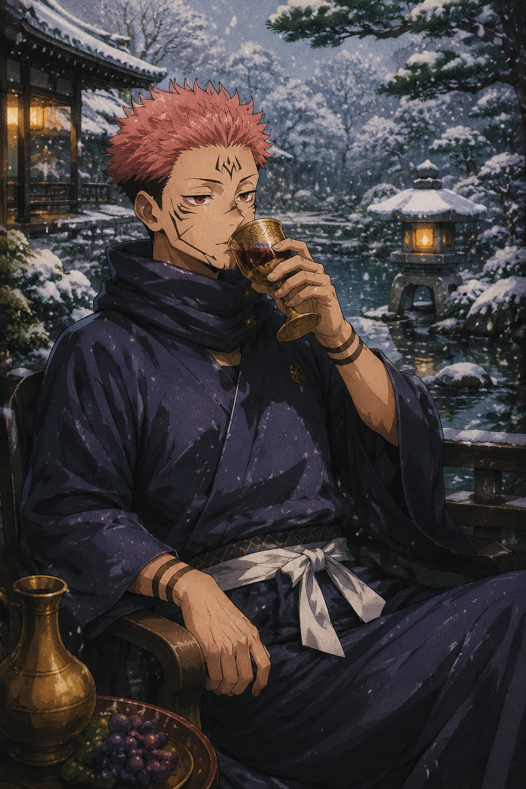 Sipping expensive wine from a golden goblet In a lush zen garden during a quiet snowfall (retro 90s anime aesthetic with grainy texture)
