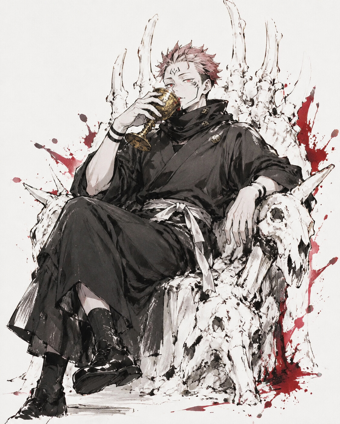 Sipping expensive wine from a golden goblet on a throne made of white bleached bones (minimalist sketch with splashes of crimson ink)
