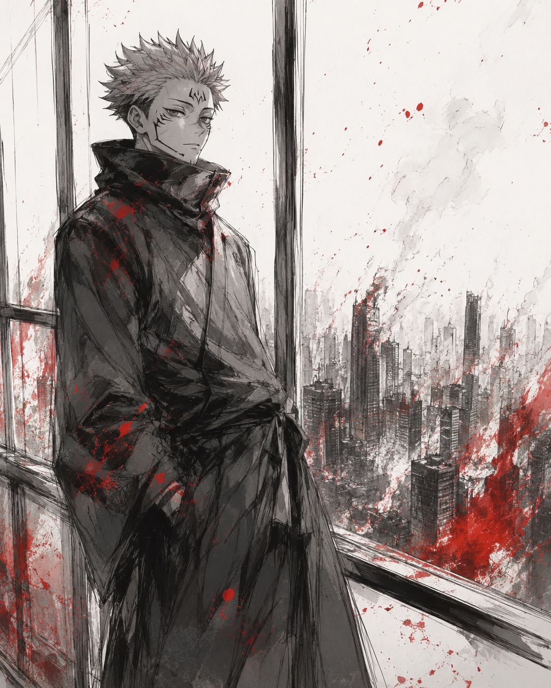 Staring down with utter contempt and boredom In a modern skyscraper overlooking a burning city (minimalist sketch with splashes of crimson ink)