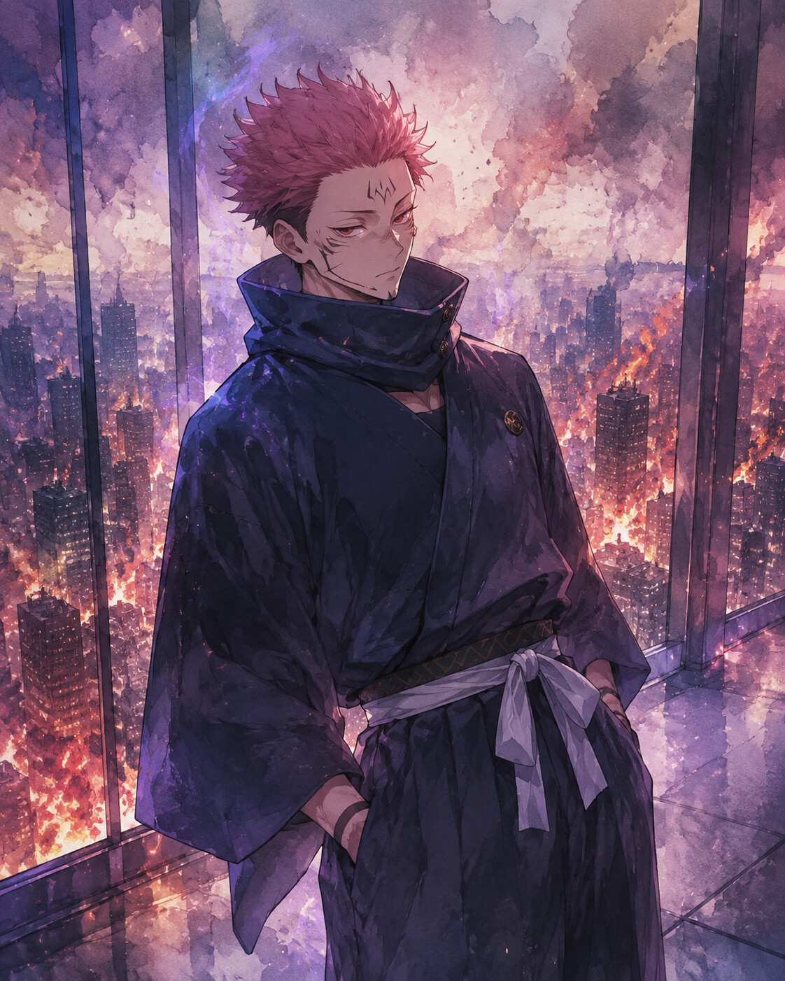 Staring down with utter contempt and boredom in a modern skyscraper overlooking a burning city (soft watercolor anime with ethereal glowing accents)