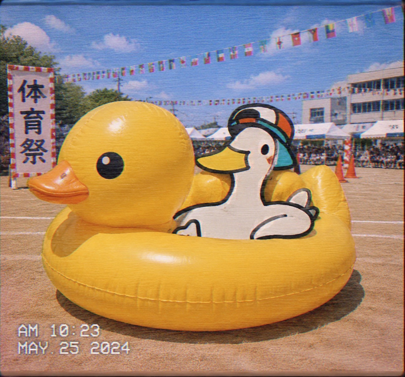 Lounging inside a giant rubber duck floaty At a sun-drenched outdoor sports festival (lo-fi aesthetic, grainy VHS filter)
