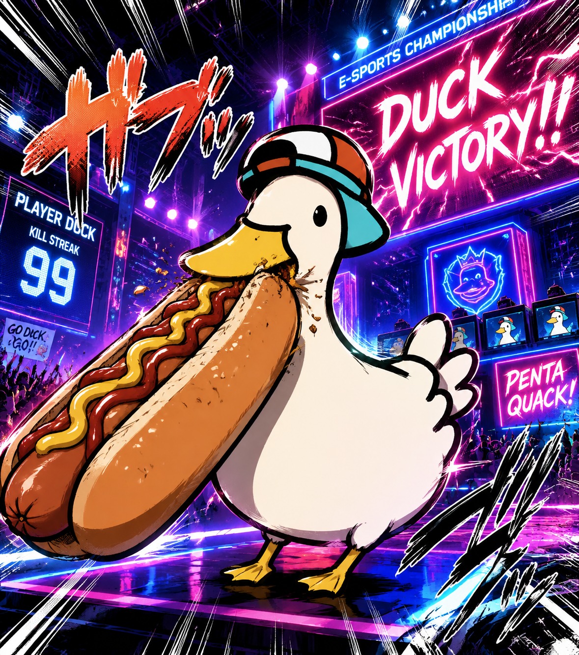 Munching on an oversized hot dog On a neon-lit e-sports tournament stage (high-octane shonen manga, speed lines)