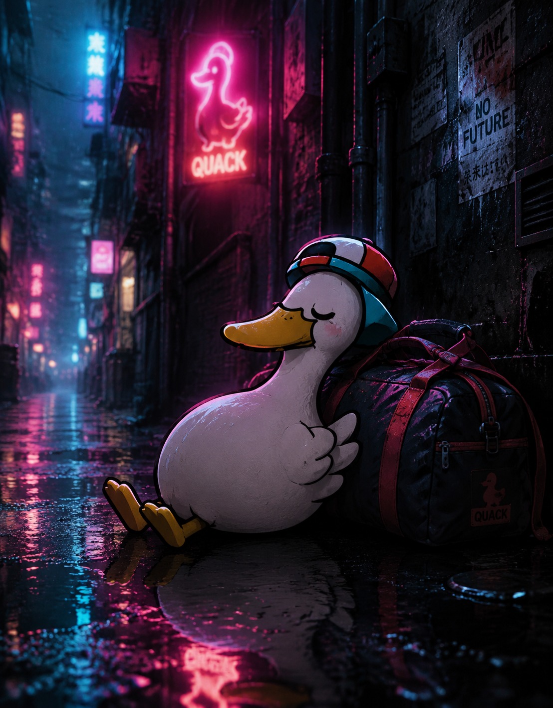 Napping peacefully against a gym bag In a rain-slicked urban alleyway (moody cyberpunk, neon rim lighting)