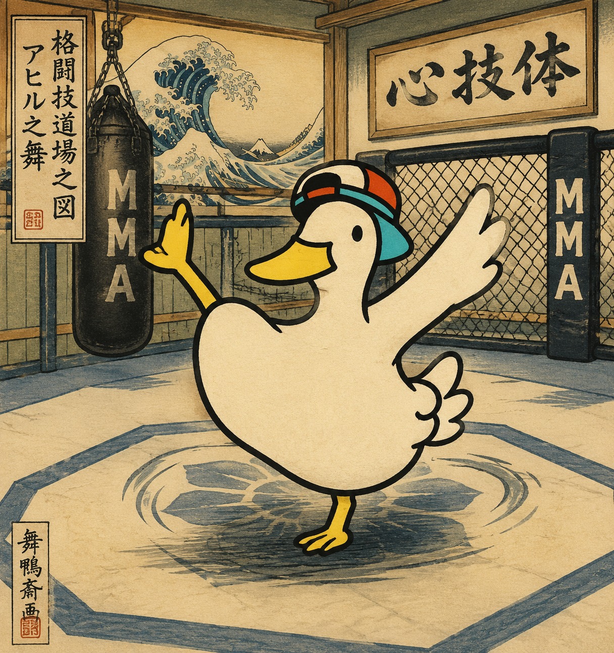 Performing a high-energy dance routine In a bright MMA training dojo (Ukiyo-e woodblock print, traditional ink)
