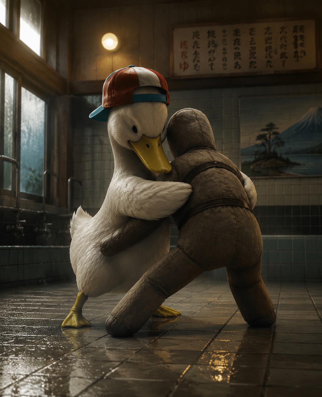 Practicing an mma takedown on a dummy In a quiet public bathhouse (cinematic photography, realistic textures)