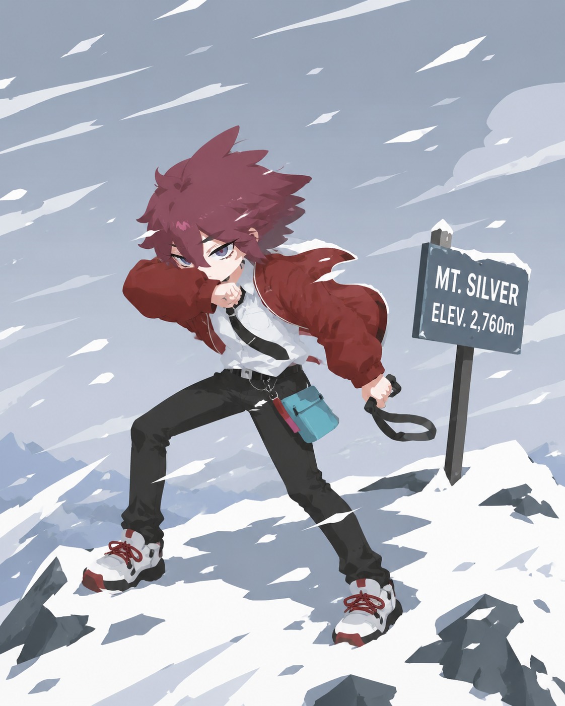 Bracing himself against a powerful mountain gale At the snow-covered peak of Mt. Silver (minimalist vector art with flat bold colors)