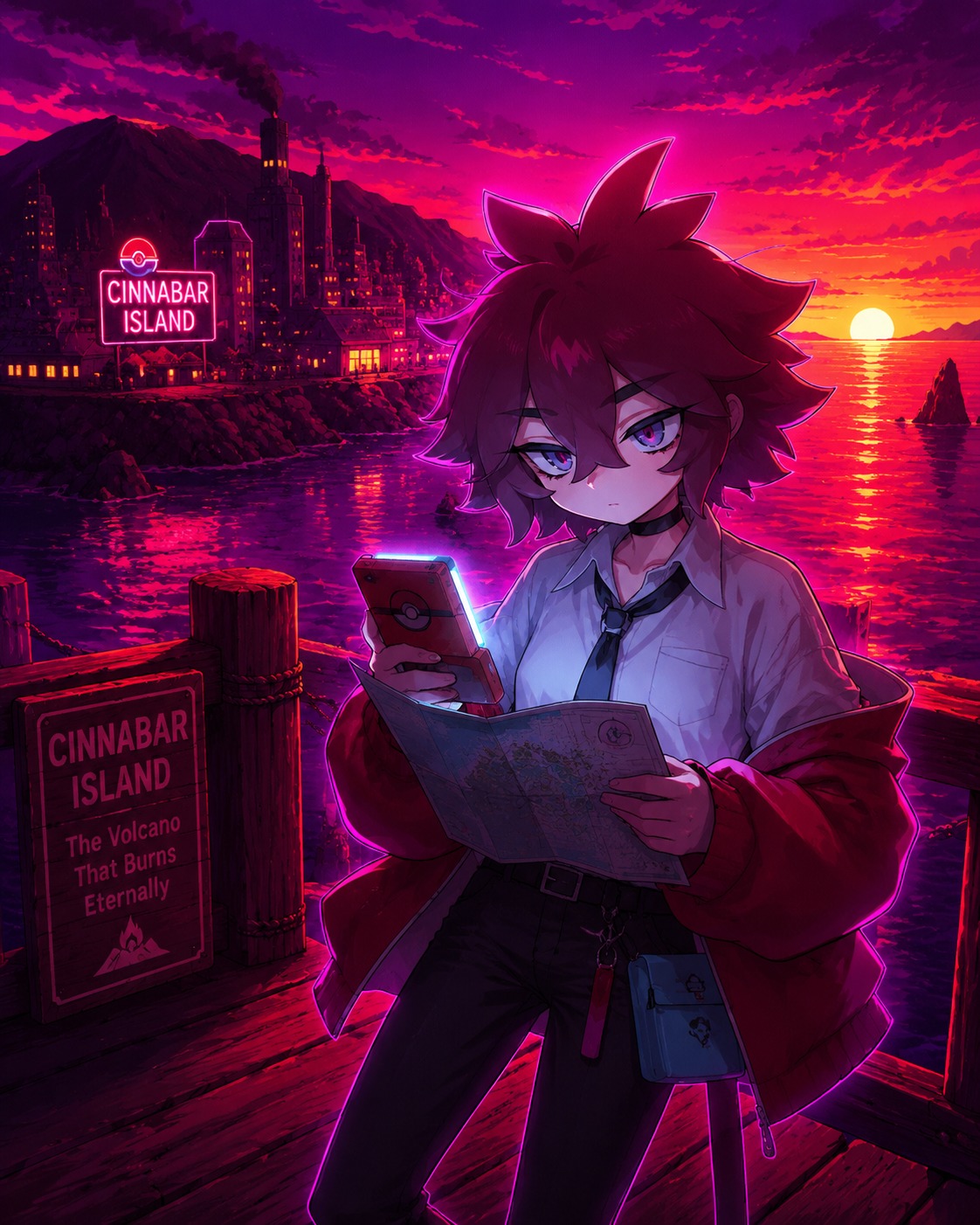 Checking a map under the dim glow of a pokédex On a wooden pier overlooking the Cinnabar Island sunset (vibrant synthwave aesthetic with neon outlines)