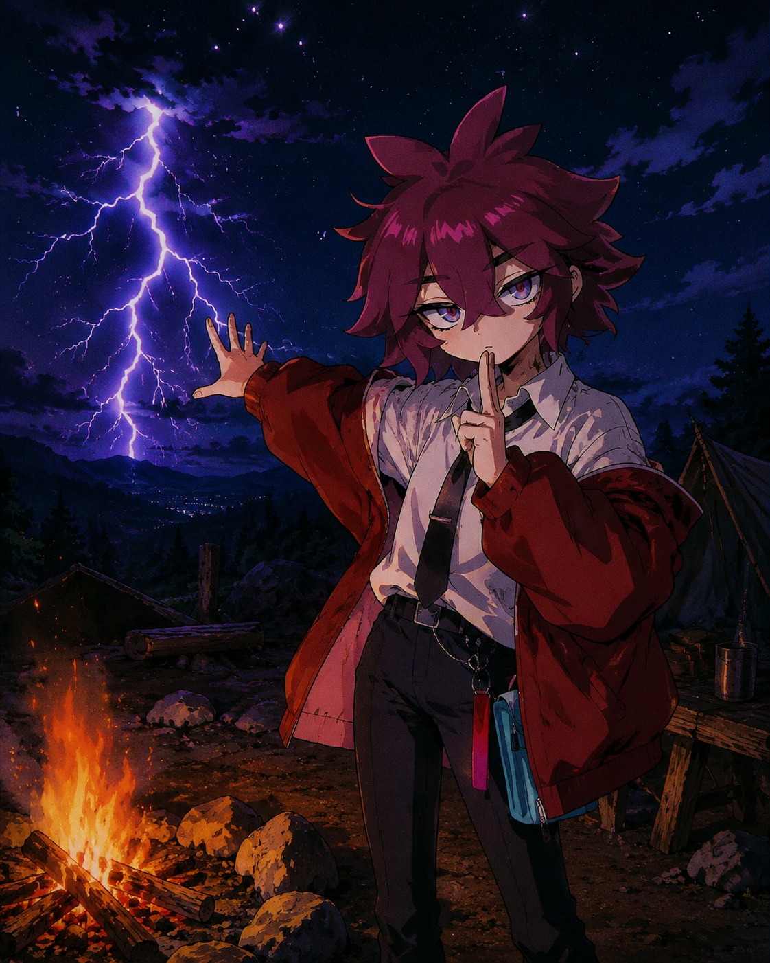 Commanding a thunderous attack with a silent hand signal At a rustic campfire under a starry night sky (classic 90s cel-shaded anime style)