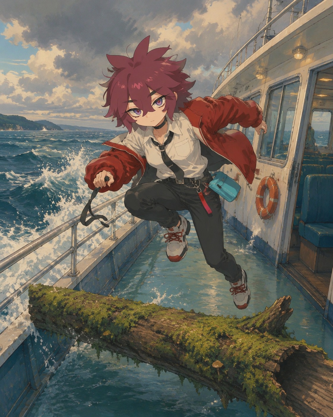 Leaping over a mossy fallen log On a high-speed ferry crossing a turbulent ocean (cozy Studio Ghibli inspired painterly look)