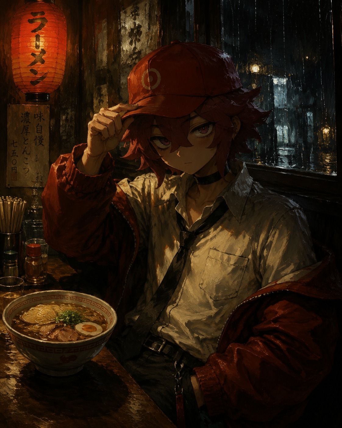 Readjusting his iconic red cap In a cozy ramen shop during a heavy downpour (dark oil painting with dramatic Caravaggio lighting)