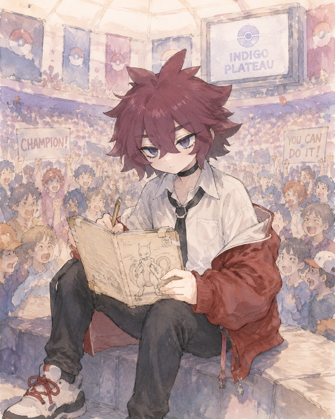 Sketching a rare pokémon in a weathered notebook At the center of a crowded cheering Indigo Plateau stadium (soft watercolor illustration with pastel tones)