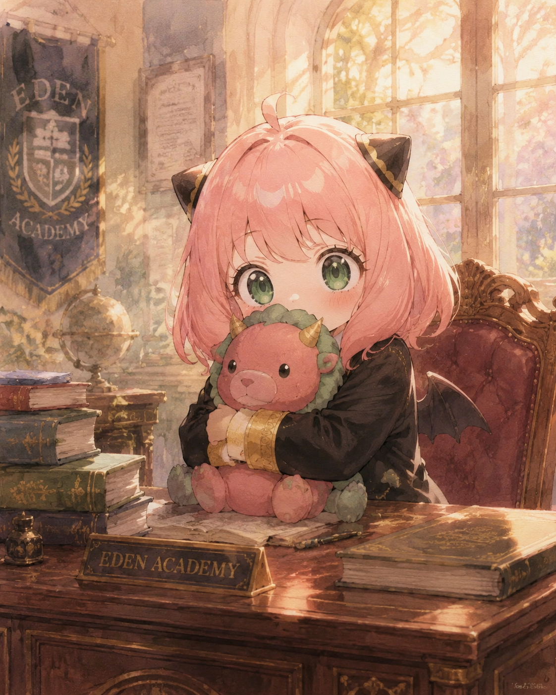 Clinging tightly to her stuffed chimera toy At her mahogany desk in Eden Academy (soft watercolor illustration, dreamlike lighting)