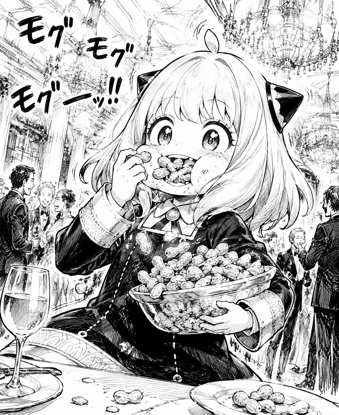 Joyfully stuffing her face with peanuts at a grand evening gala under crystal chandeliers (sketchy manga art)