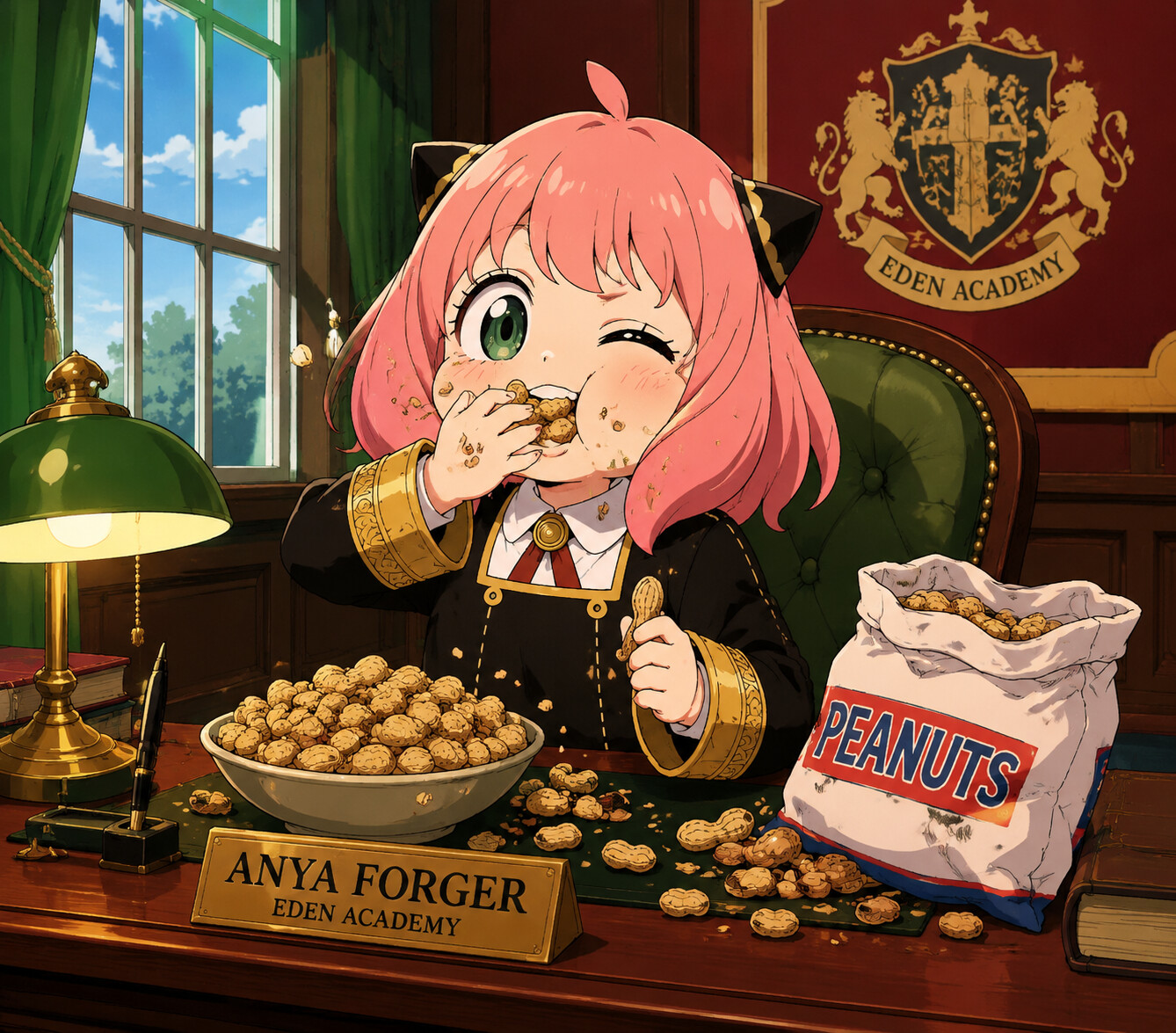 Joyfully stuffing her face with peanuts at her mahogany desk in Eden Academy (classic 90s anime aesthetic)