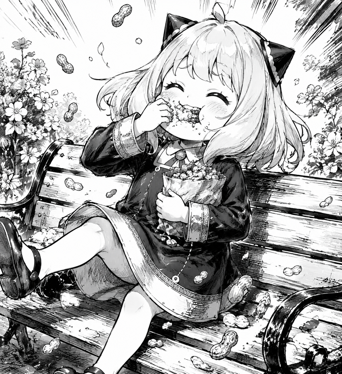 Joyfully stuffing her face with peanuts On a sunny park bench near blooming flowers (sketchy manga art, dynamic ink strokes)