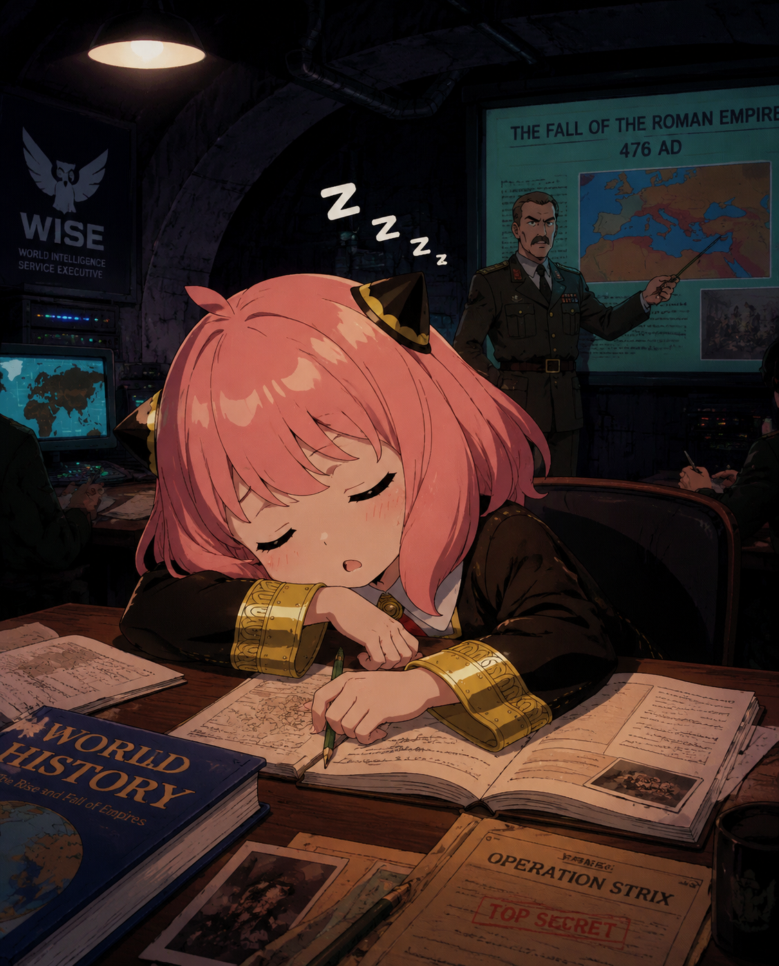Napping peacefully during a difficult history lesson In a shadowy underground spy headquarters (classic 90s anime aesthetic, vibrant colors)