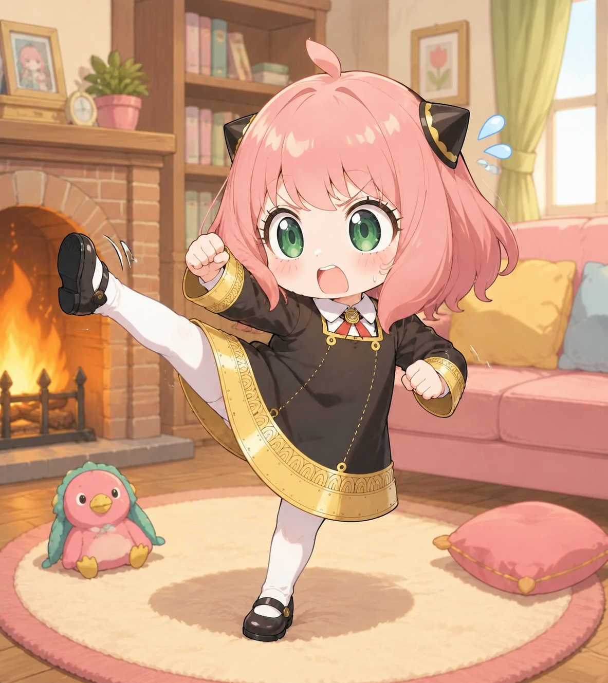 Performing a clumsy but determined karate kick In a cozy living room beside a fireplace (chibi cute, bright pastel palette)