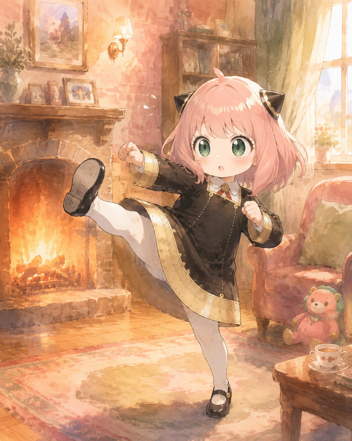 Performing a clumsy but determined karate kick in a cozy living room beside a fireplace (soft watercolor illustration)