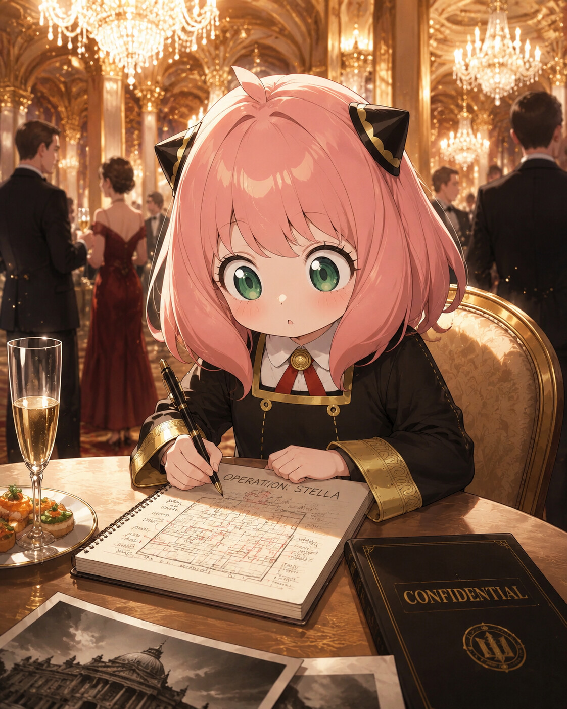 Plotting a secret mission in her notebook at a grand evening gala under crystal chandeliers (detailed digital painting)