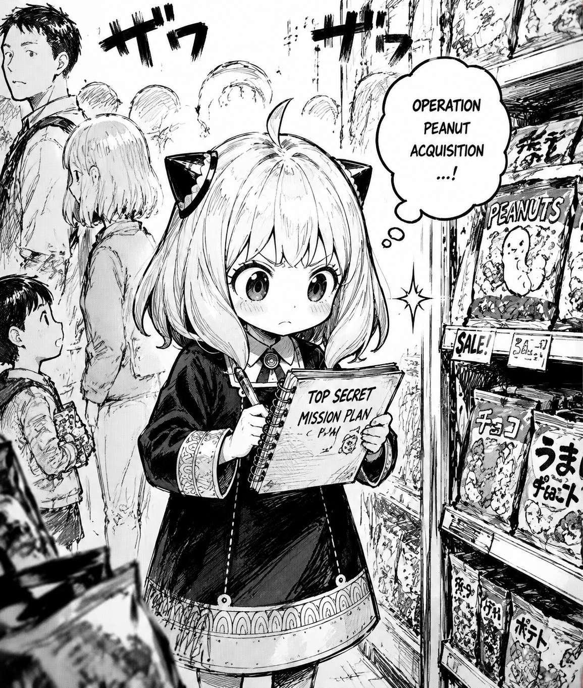 Plotting a secret mission in her notebook In a crowded grocery store snack aisle (sketchy manga art, dynamic ink strokes)
